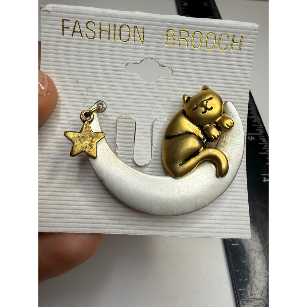 Gold Tone Sleeping Cat on Crescent Moon Brooch with Star Charm Celestial Pin